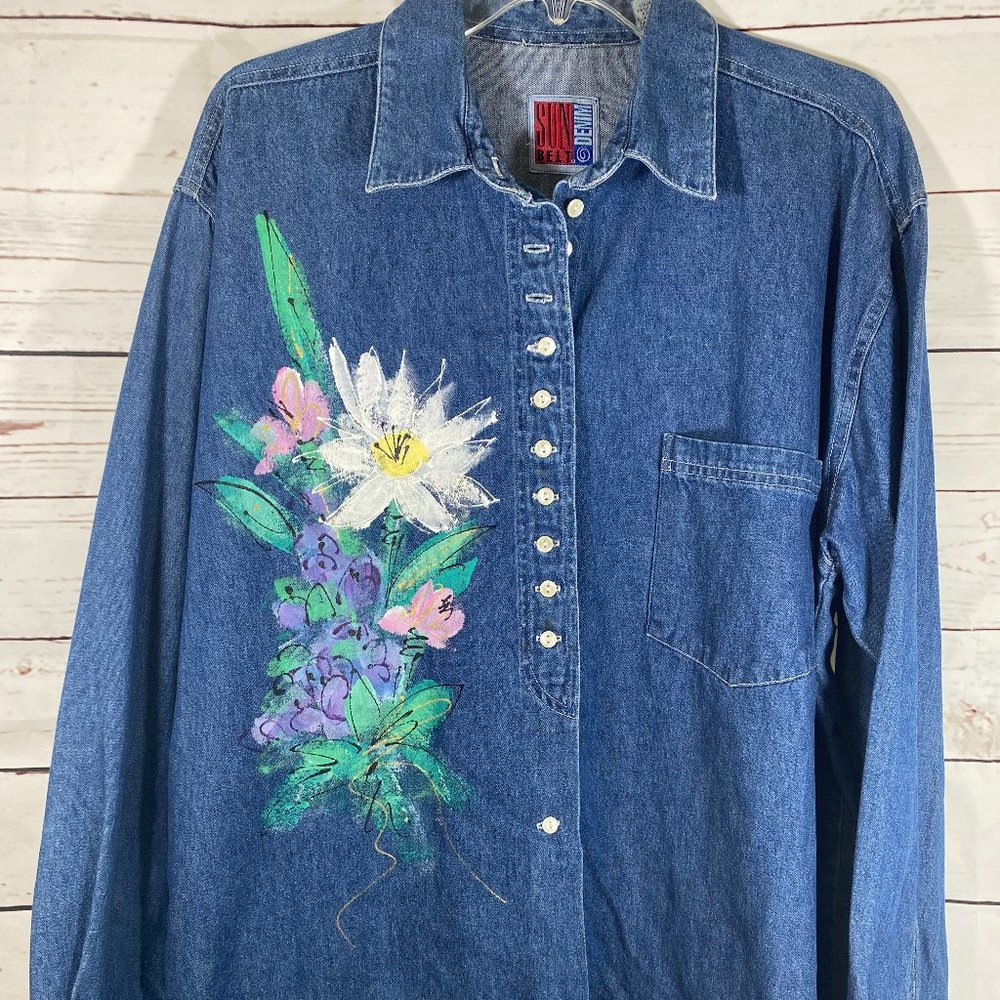 Sun Belt Floral Painted Denim Jean Shirt ~ 100% Cotton NWOT Women's Size Large